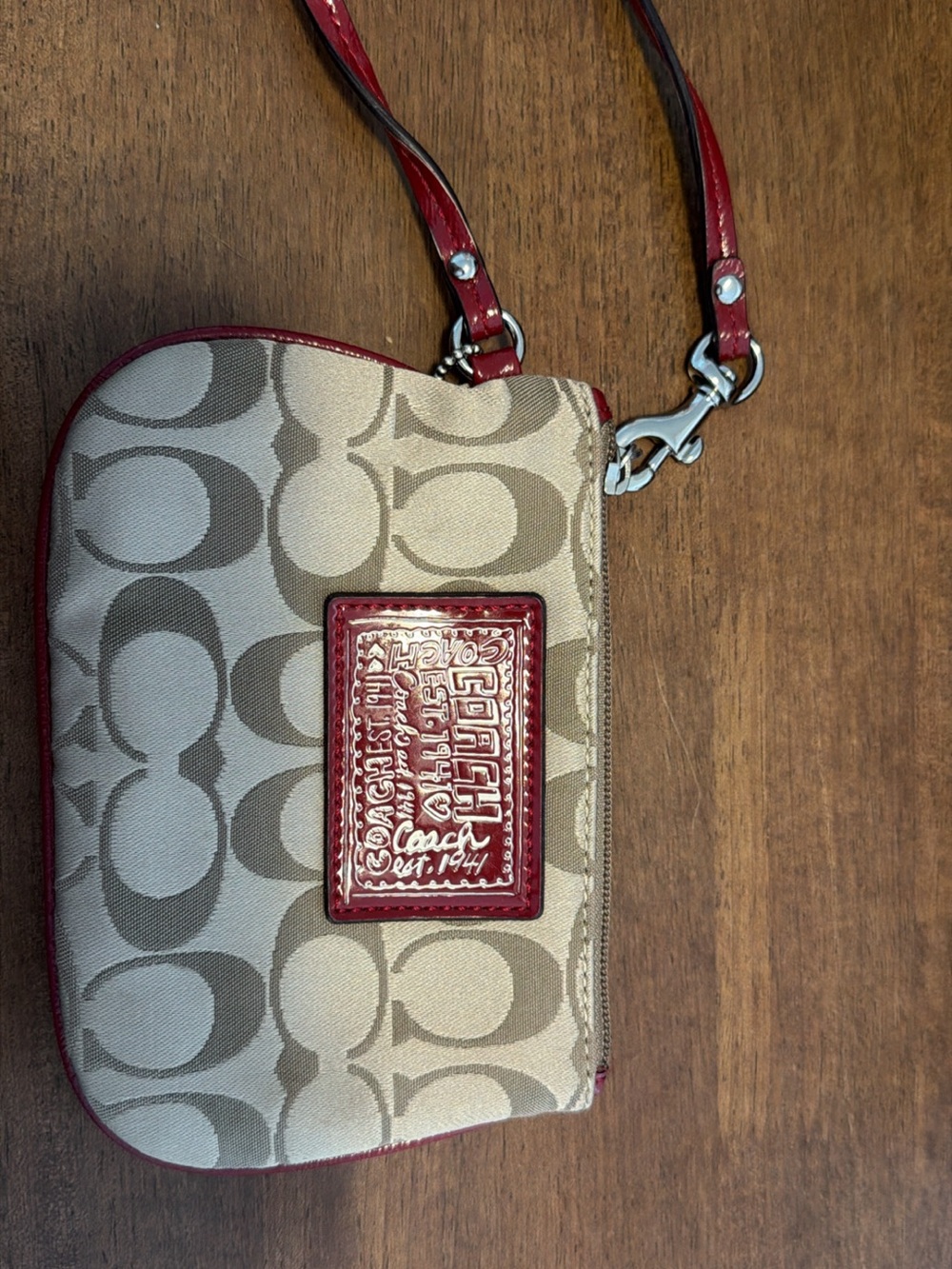Coach Beige Signature Canvas Wristlet with Red Trim